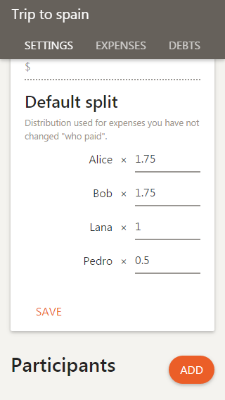 Set the default distribution of the shared expenses, on mobile