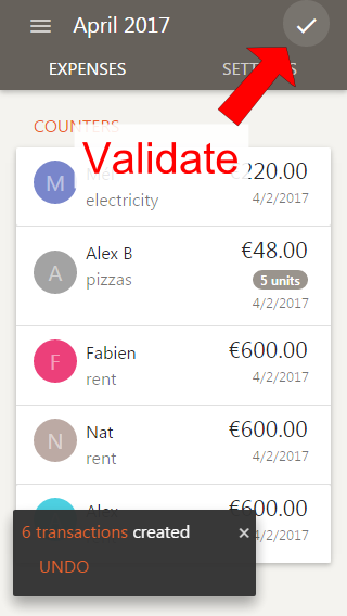 Validation of the expenses sheet