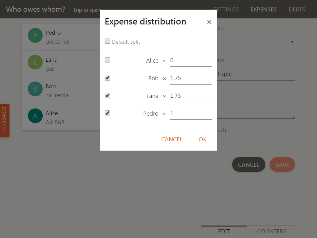 Split a shared expense, on tablet