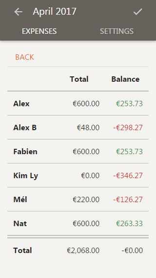 The counters of the expenses sheet, on mobile