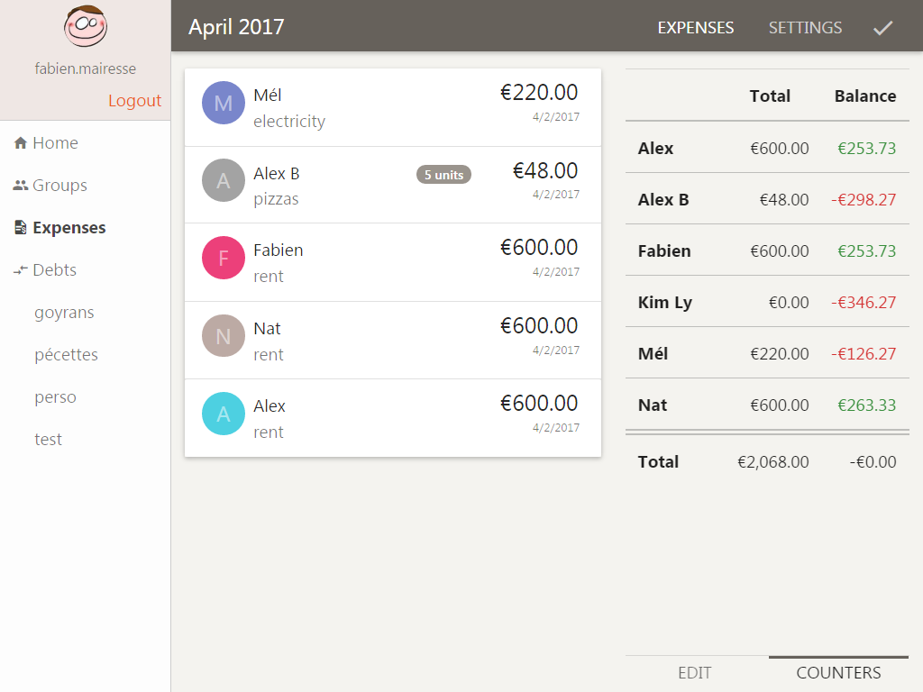 The counters of the expenses sheet, on tablet