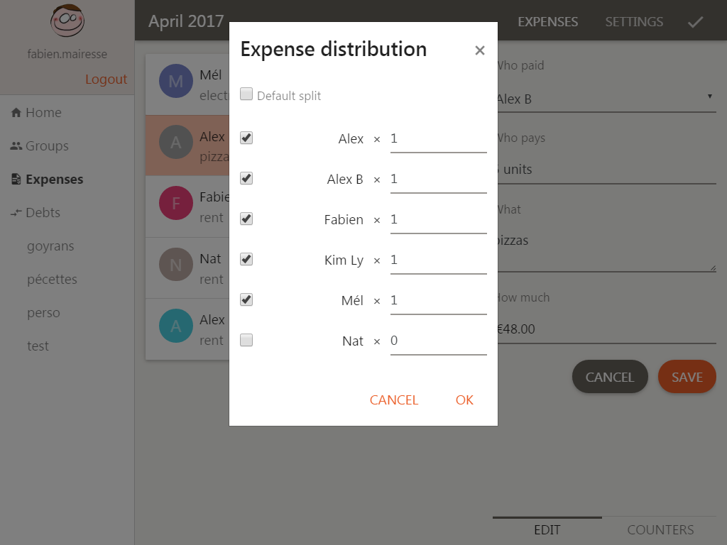 Split a shared expense, on tablet